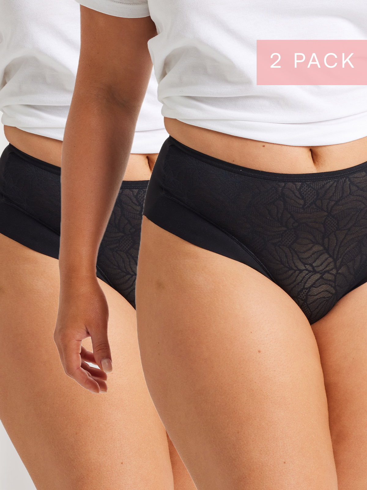 2 Pack Sleek & Smooth Lace Mid Rise Brief in Black by Kayser Lingerie