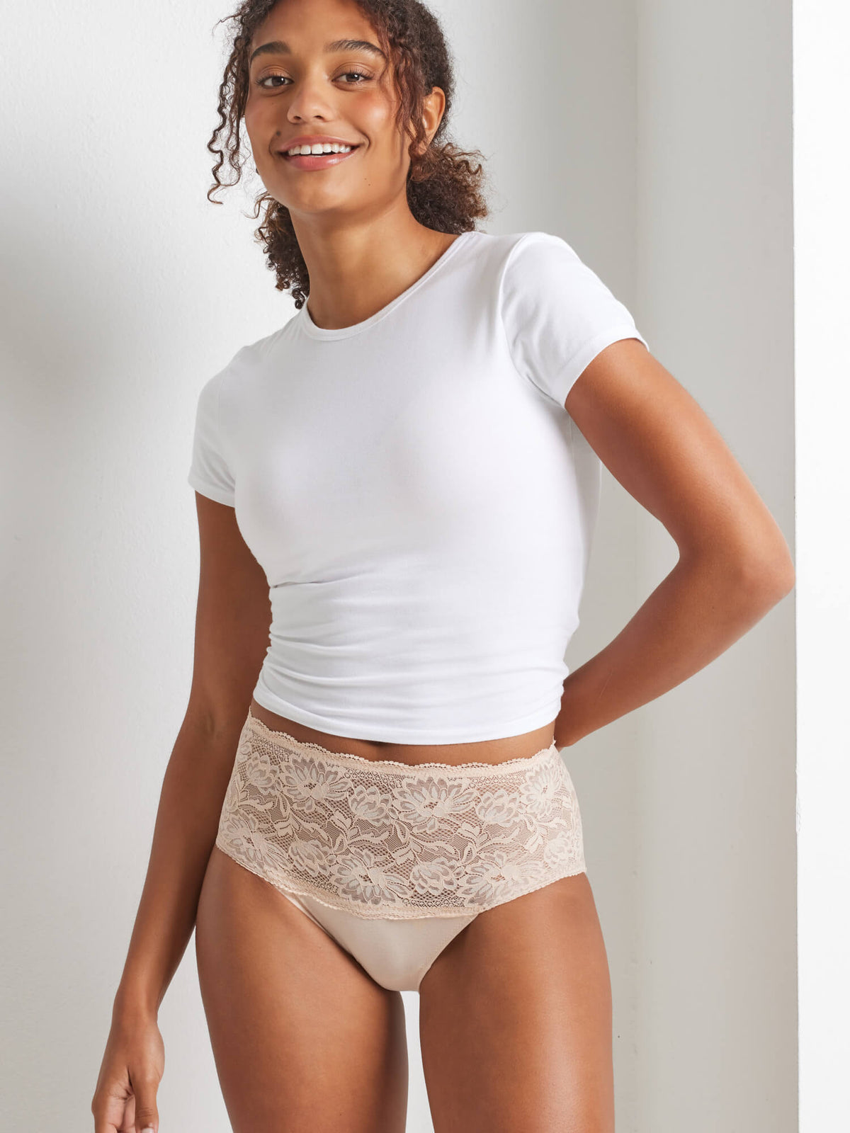 2-pack 465N Daily Essentials Cotton & Floral Lace Full Brief in Honey by Kayser Lingerie