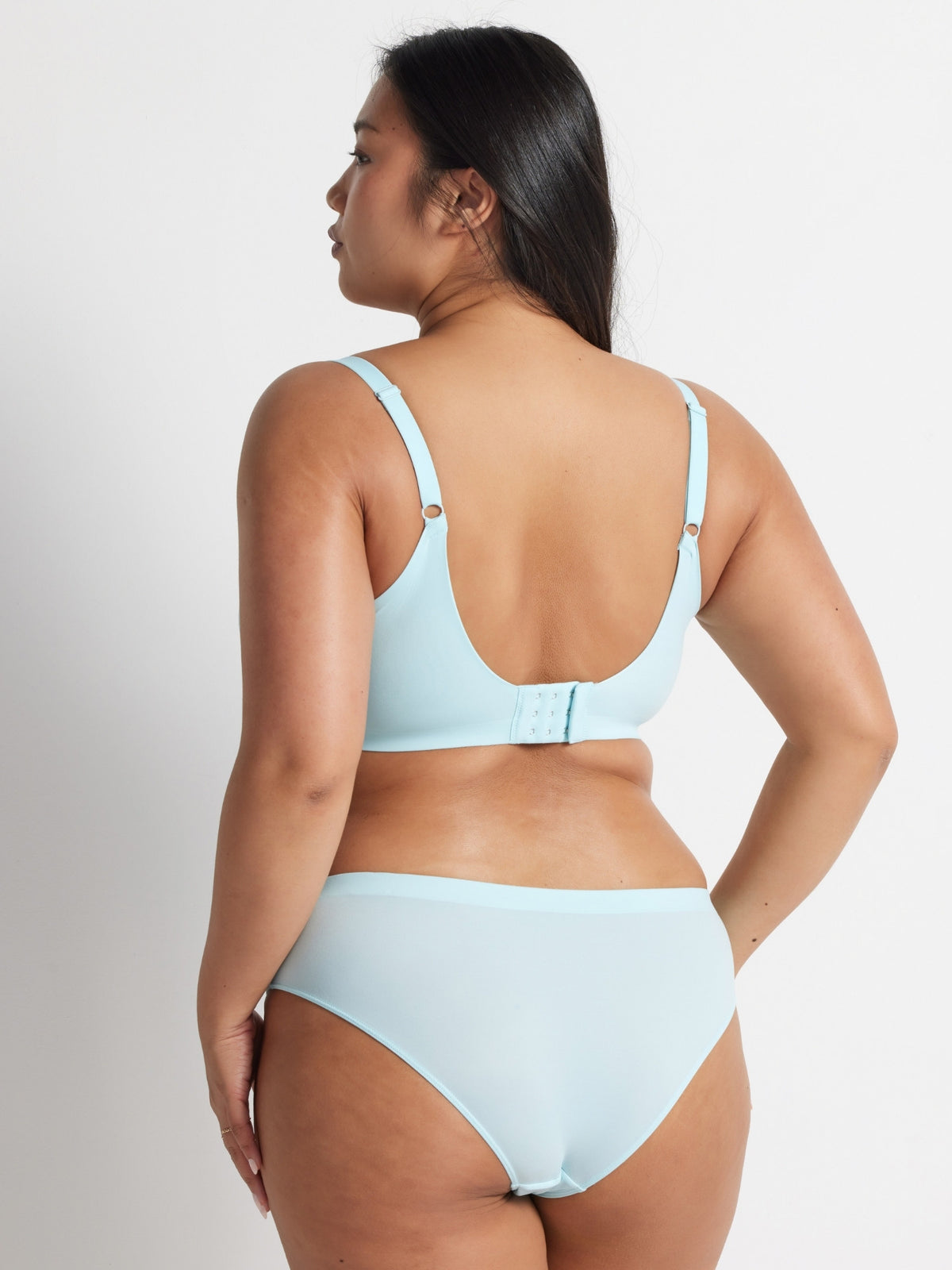 Back view of the aqua blue brazilian bikini showing the cheeky cut and cotton gusset lining.