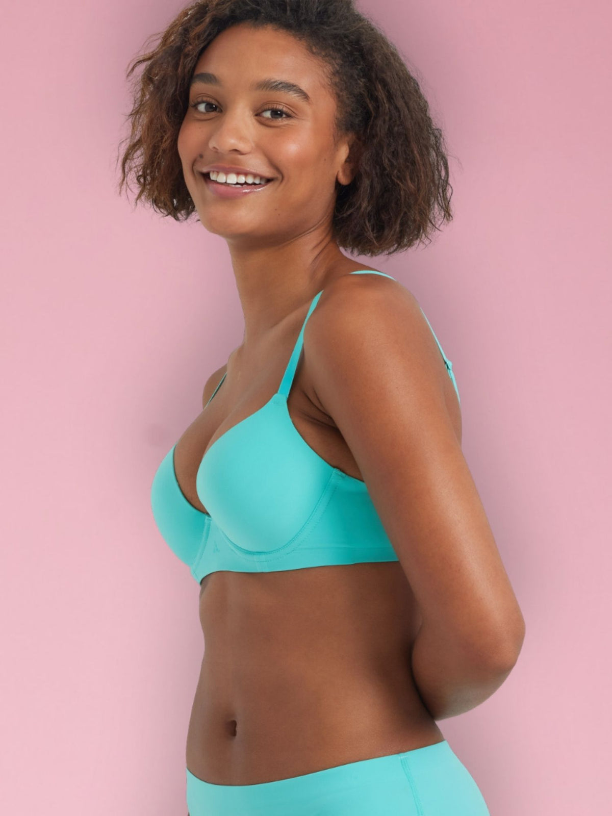 Mae wears a 12B in the Alive Graduated Push Up Bra in Aqua Blue by Kayser Lingerie