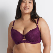 Chloe is wearing the Be Free Lace Balconette Bra in Burgundy with matching briefs by Kayser Lingerie