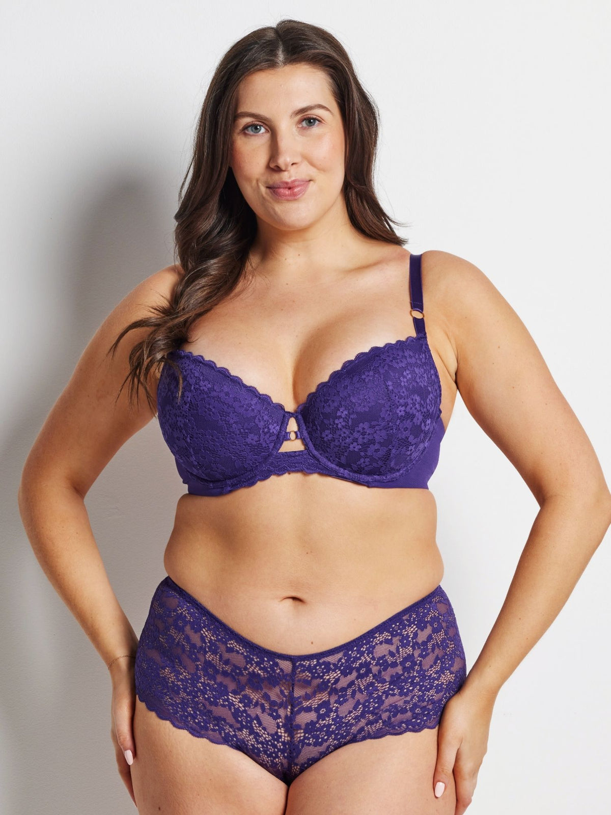 Nev wears the Kayser Lingerie Be Free Lace Short in Mulberry