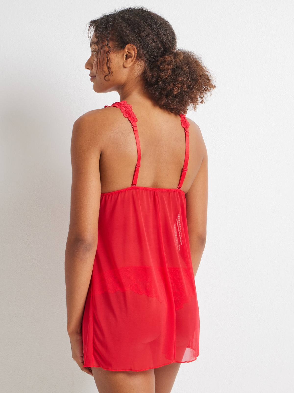 Kayser Brazilian Babydoll Chemise Red, adjustable straps and sheer mesh back, lingerie nightie rear view