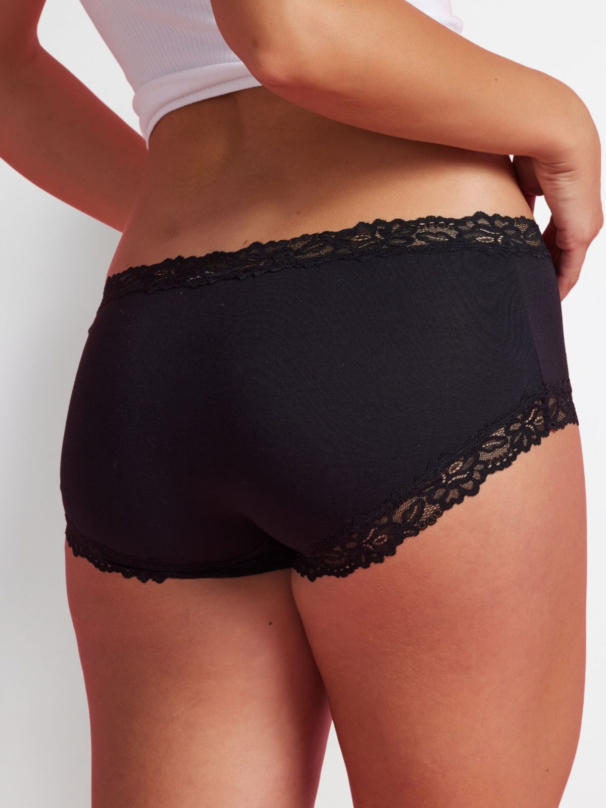 Sukie Cotton Boyleg black Sukie Cotton fabric with lace waistband detail, close-up front