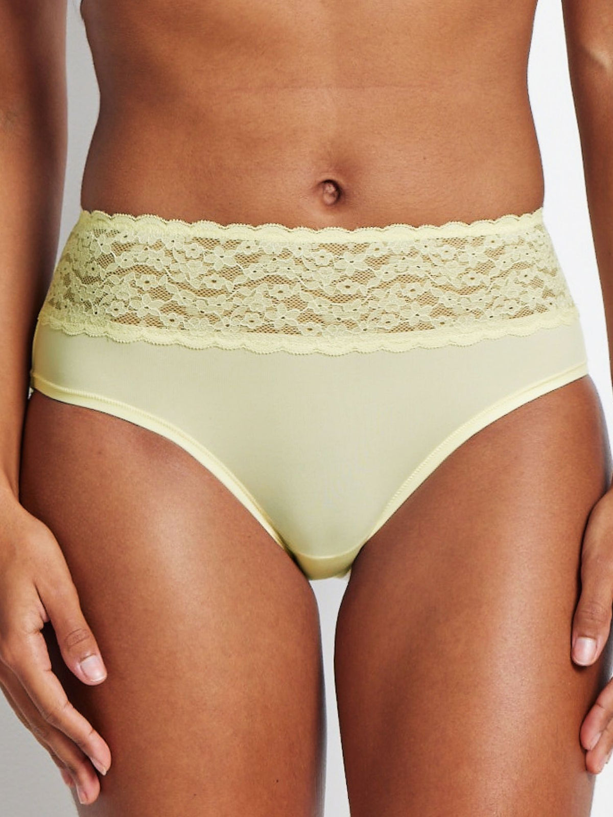 Detailed front view of Lemon Icing Hi-Rise Brief with soft 4-way stretch microfibre and lace waistband.