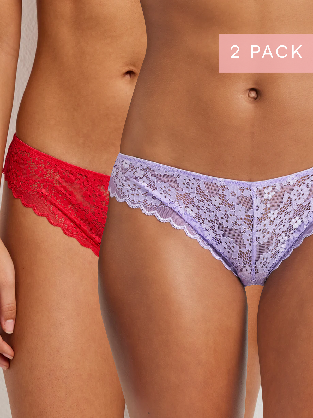 2 Pack Be Free Lace Brazilian Bikini in Purple &amp; Red - Kayser Lingerie