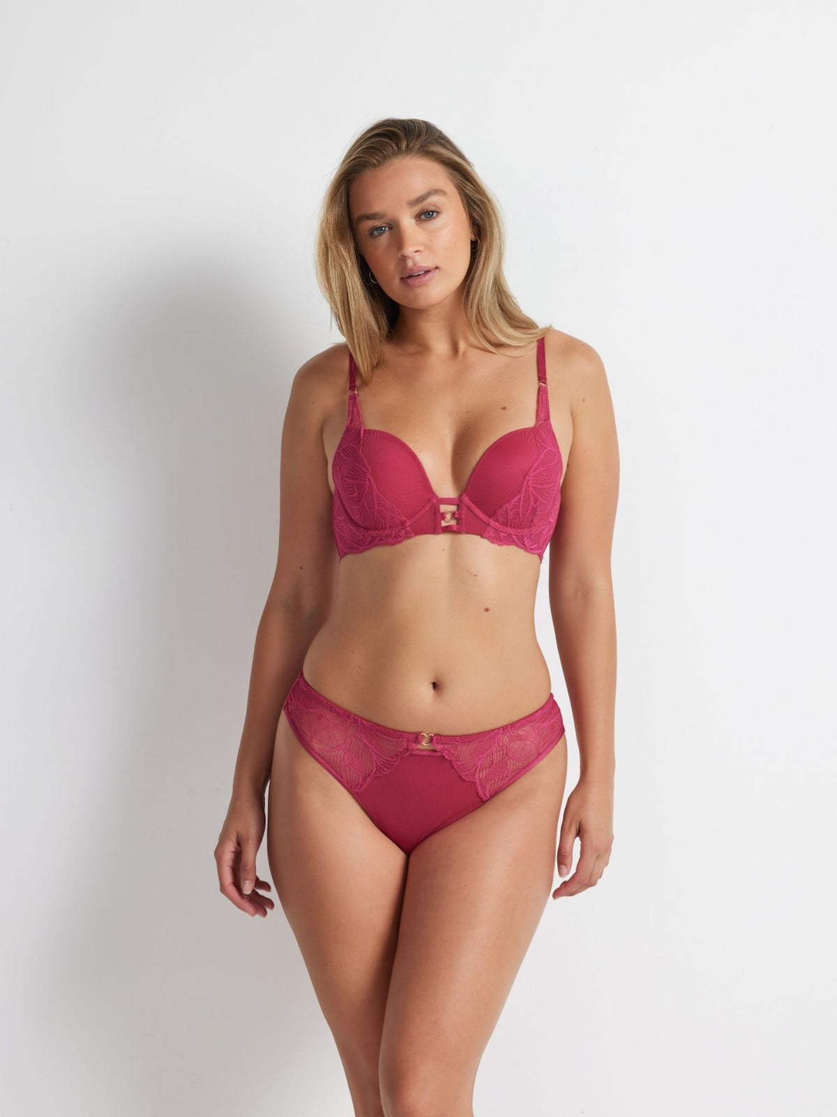 Front view of the After Dark Out All Night Push Up Bra in Campari featuring lace cups and a flattering push-up neckline.