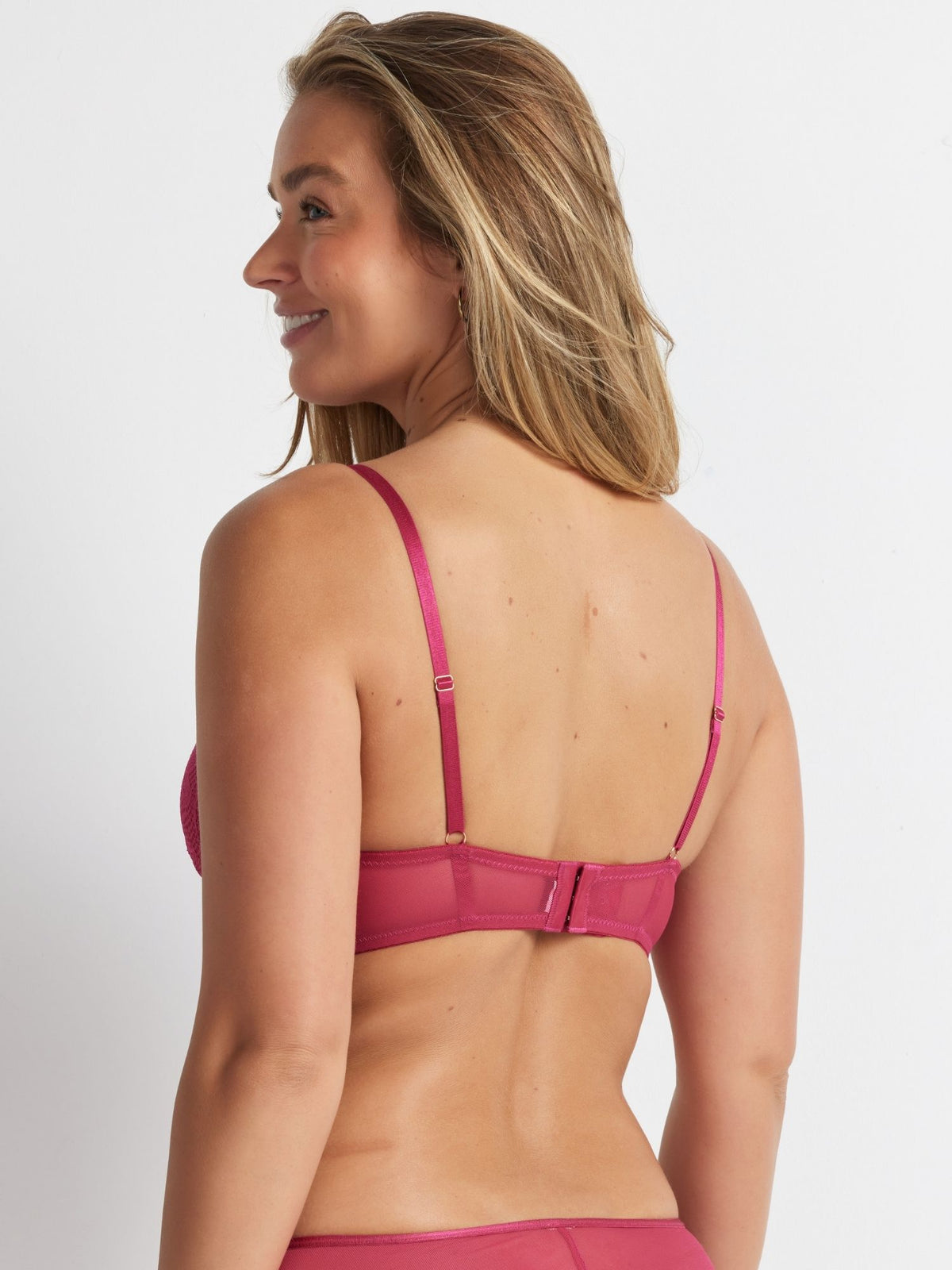 Back view of the After Dark Out All Night Push Up Bra in Campari showing adjustable straps and a secure hook-and-eye closure.