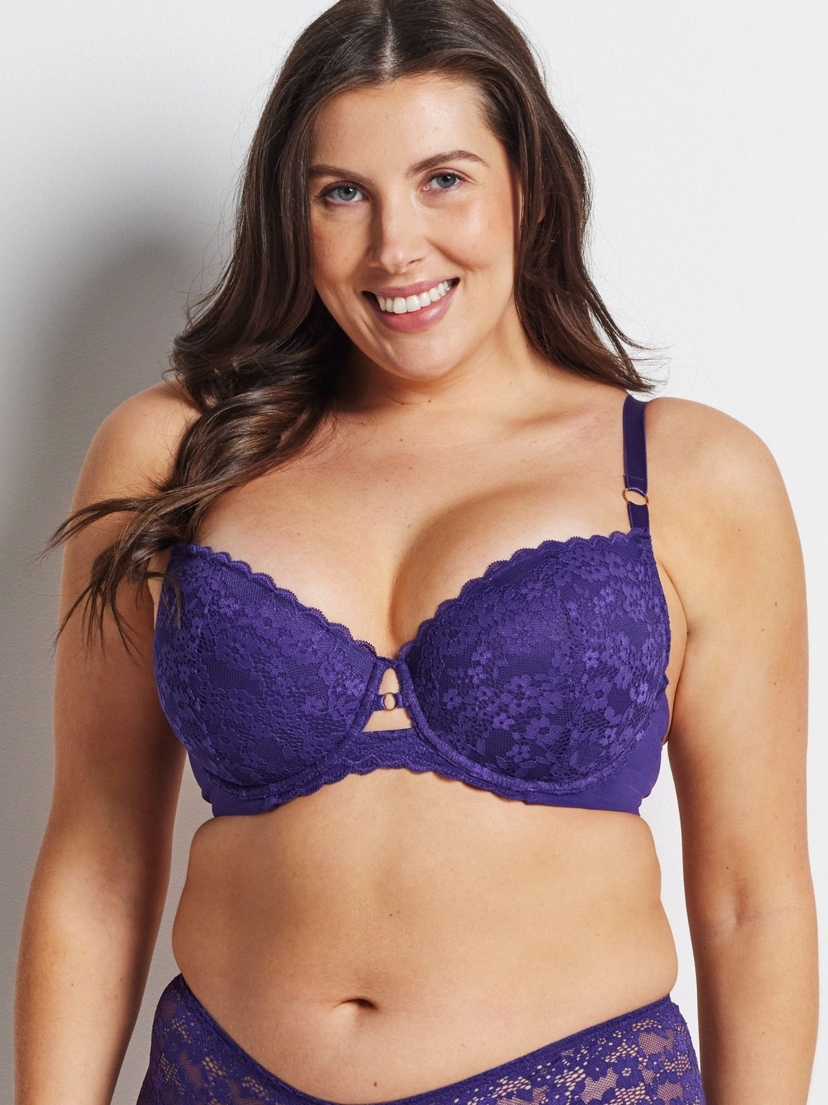Nev wears the Kayser Lingerie Be Free Lace DD+ Balconette Bra in Mulberry