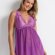 Side angle of the Kayser Brazilian Babydoll Chemise in Sweet Pea showing adjustable straps and lace detail.