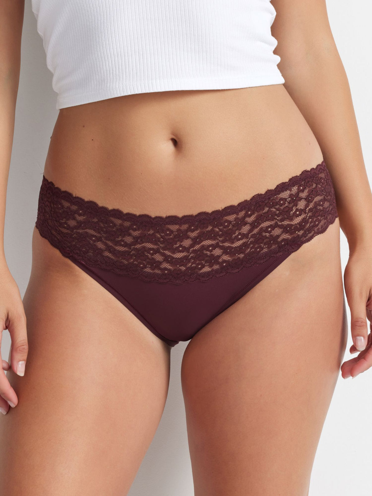 Front view of the Glowlights Bikini in Windsor Wine featuring a sleek waistband and flattering everyday bikini cut.