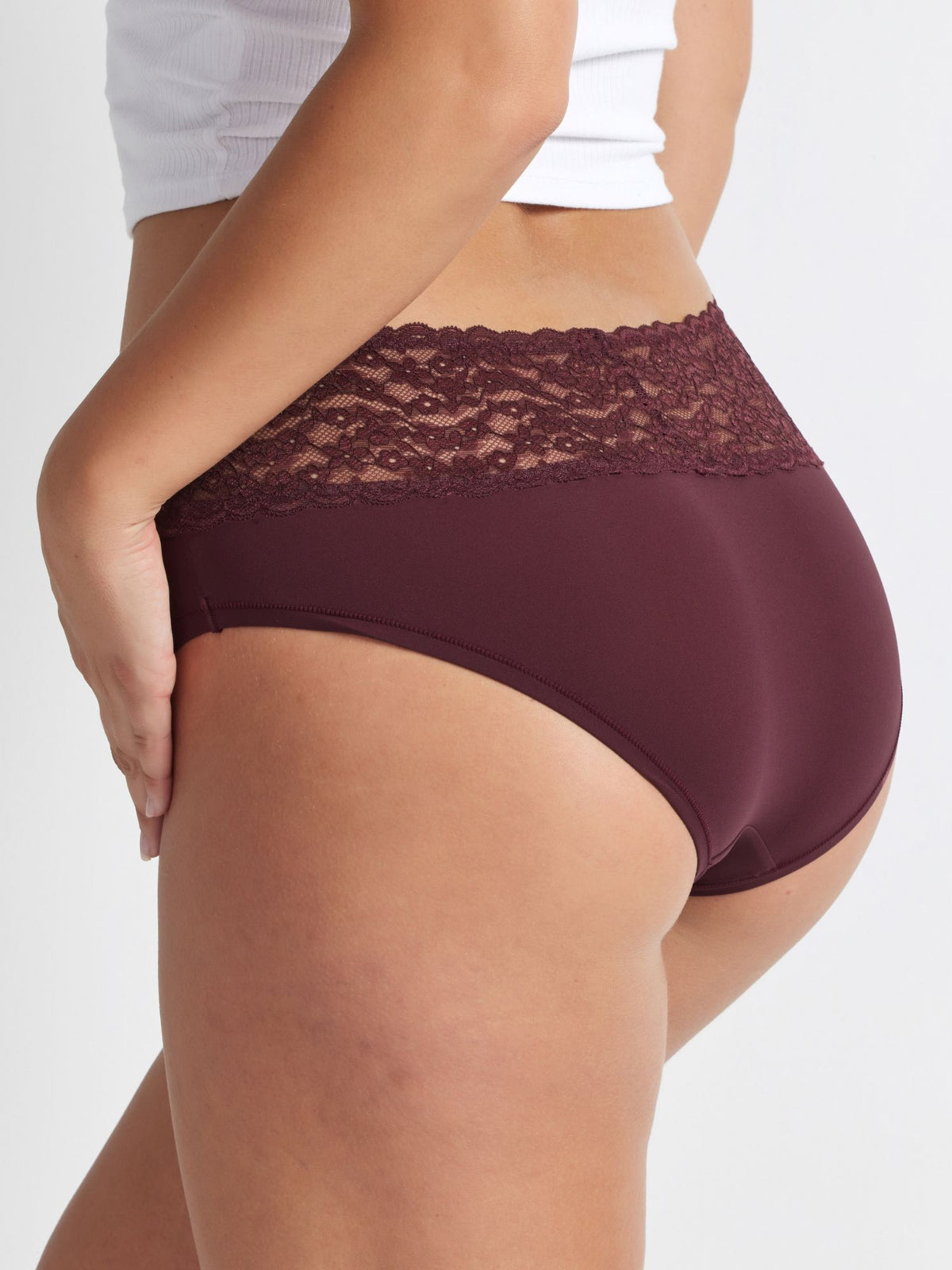 Back view of the Glowlights Hi Rise in Windsor Wine showing full-coverage design and a sleek, seamless finish.