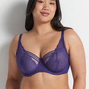 Chloe is wearing the Hold Up Epic Lace Underwire Bra in Mulberry by Kayser Lingerie