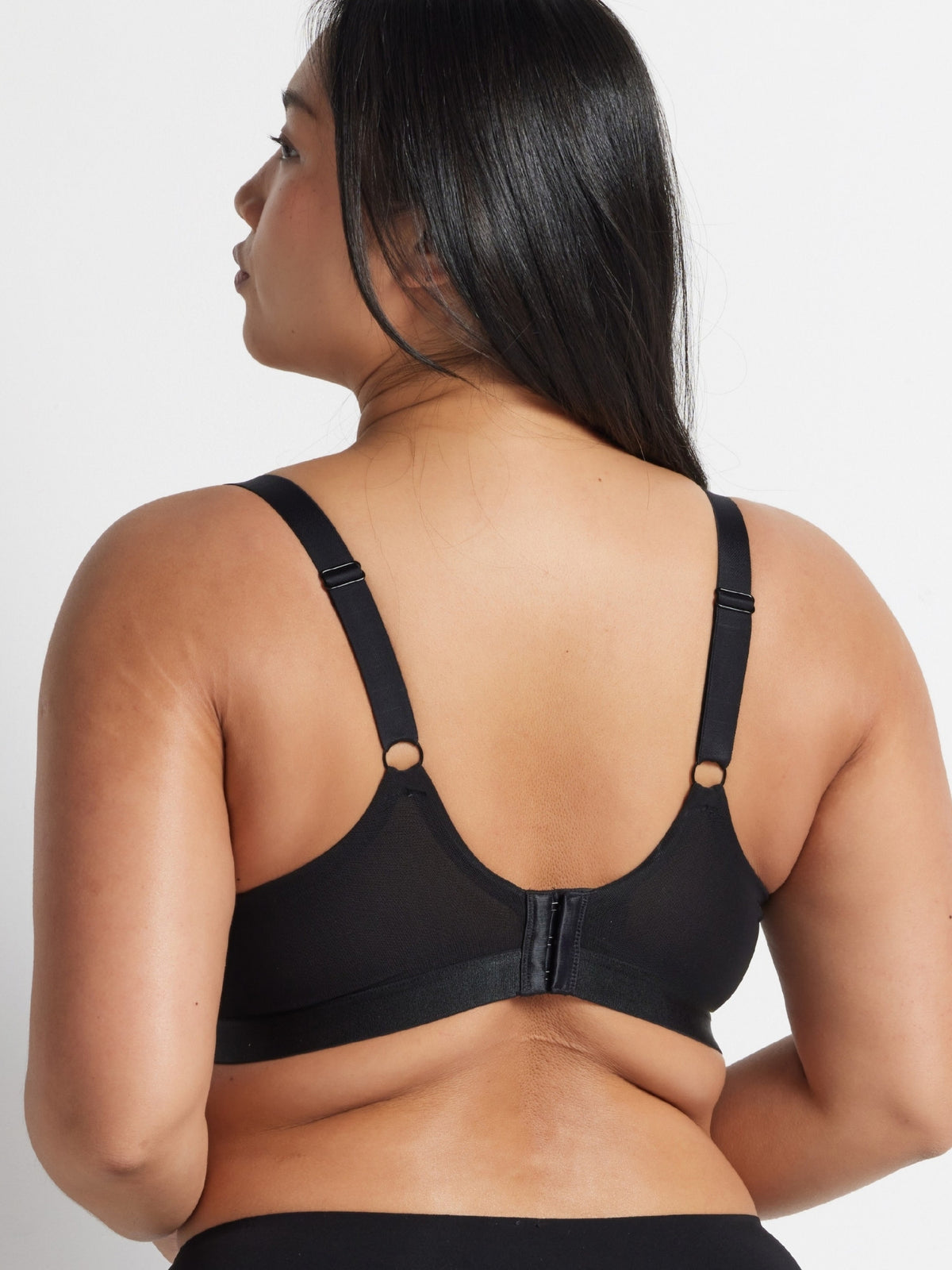 Back view of the black Hold Up Neo Mesh Underwire Bra showing the wide wings and adjustable straps.