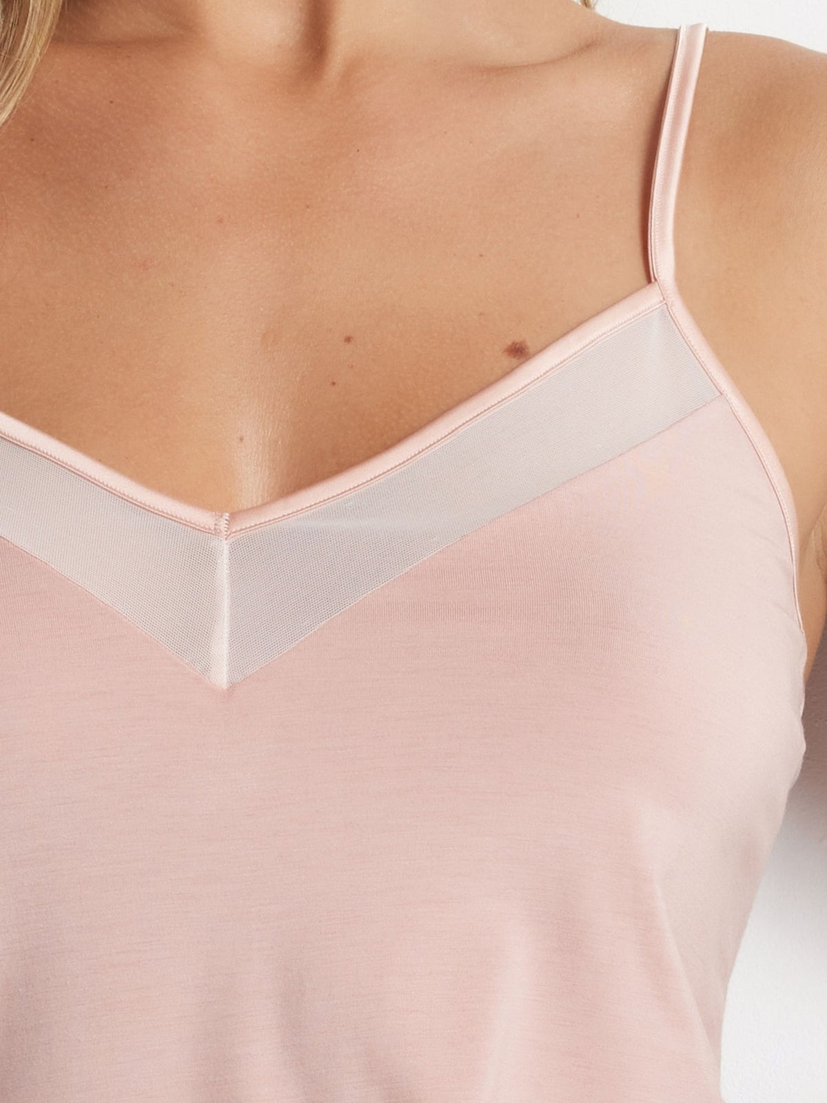 Close-up detail of the Kayser Mesh Insert Cami in Blush mesh inserts and soft, breathable fabric.