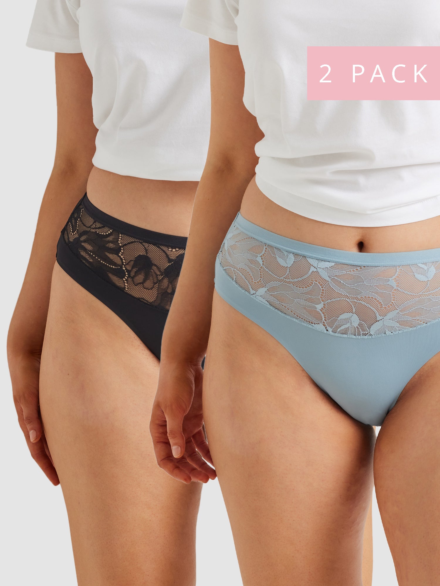 2 Pack Smooth All Over Lace Hi Cut Brief - Black & Sky Blue - Kayser
