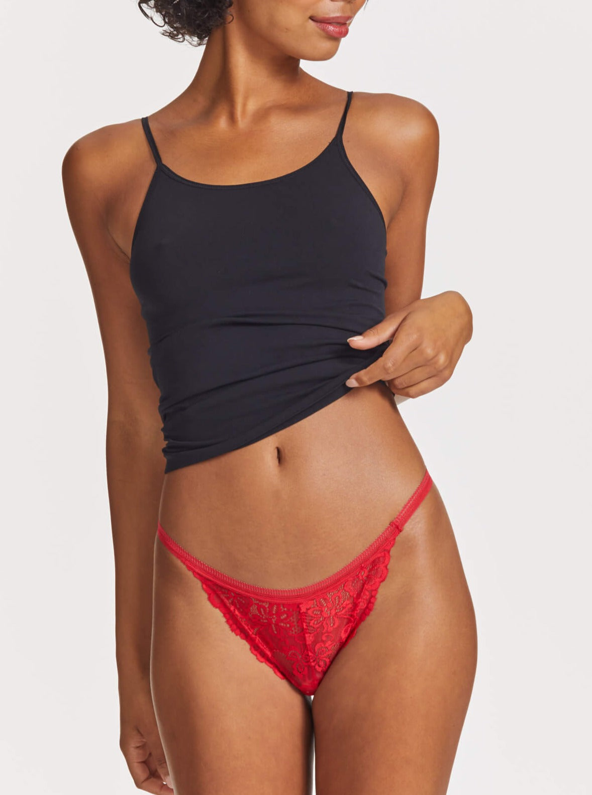 Front of Brazilian String Gee in Red with black singlet